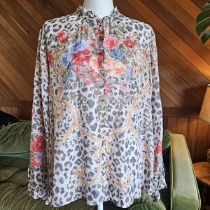 Johnny Was Cheetah Amabel 100% Silk Blouse Size XL